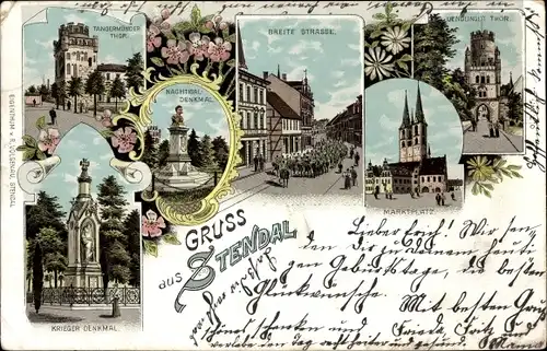 Litho Stendal in der Altmark, Kriegerdenkmal, Breite Straße, Marktplatz, Tangermünder Tor