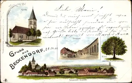 Litho Beckendorf Oschersleben in Sachsen Anhalt, Kirche, Eiche aus den Freiheitskriegen, Panorama