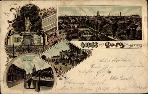 Litho Burg bei Magdeburg, Denkmal, Breitesteg, Bahnhof, Panorama