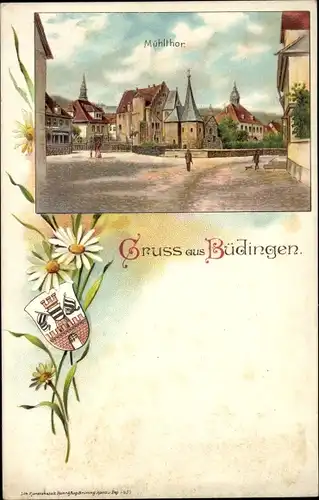 Litho Büdingen in Hessen, Mühltor, Wappen, Margeriten