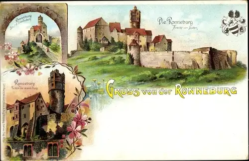 Litho Alt Wiedermus Ronneburg in Hessen, Burg Ronneburg, Vorburg, Ansicht von Süden, innere Burg