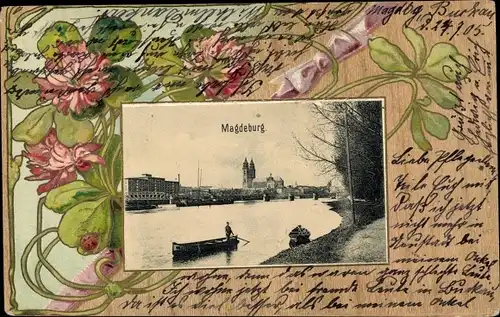 Passepartout Ak Magdeburg an der Elbe, Stadt vom Ufer aus gesehen, Klee