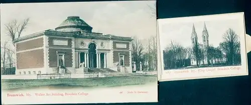 Leporello Ak Brunswick Maine USA, Walter-Art-Building, Bowdoin-College, King-Chapel