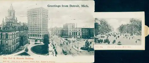 Leporello Ak Detroit Michigan USA, Rathaus, Majestic Building, Central Avenue, Water-Works-Park