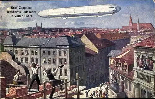 Künstler Ak Graf Zeppelins lenkbares Luftschiff in voller Fahrt, Maurer, Jubelnde Zuschauer