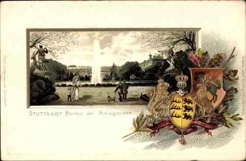 Präge Wappen Passepartout Litho Stuttgart in Württemberg, Anlagensee