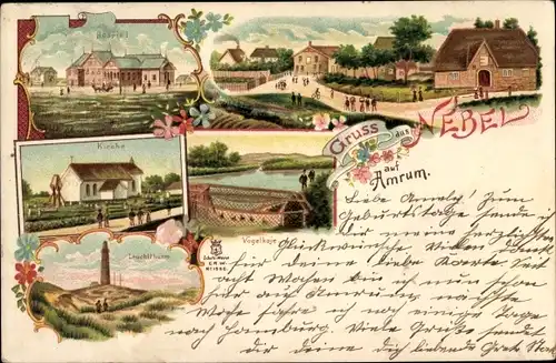 Litho Nebel auf der Insel Amrum Nordfriesland, Kirche, Vogelkoje, Leuchtturm