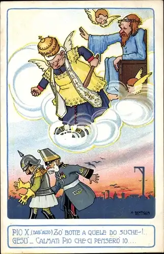 Künstler Ak Bertiglia, Kaiser Wilhelm II, Franz Joseph I., Pio X, Gesu, Papst Pius, Jesus, Karikatur