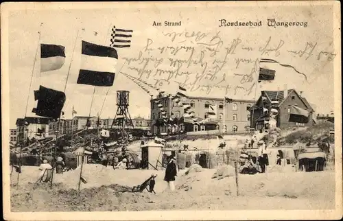 Ak Nordseebad Wangeroog Wangerooge in Ostfriesland, Strand, Fahnen, Badegäste, Gebäude, Turm