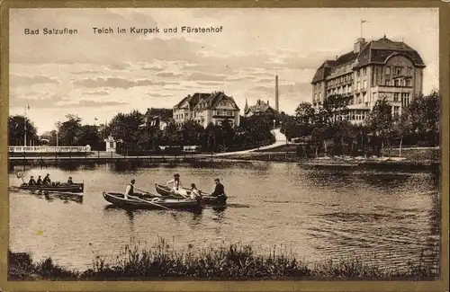 Ak Bad Salzuflen in Lippe, Teich, Kurpark, Fürstenhof, Ruderboote