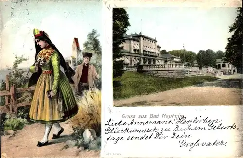 Ak Bad Nauheim in Hessen, Frau in Tracht, Gebäude