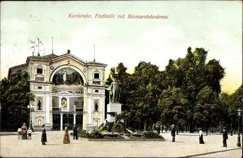 Ak Karlsruhe in Baden, Festhalle, Bismarckdenkmal
