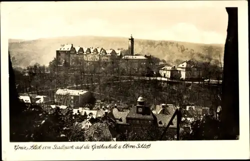 Ak Greiz im Vogtland, Blick vom Stadtpark, Goetheschule, Oberes Schloss