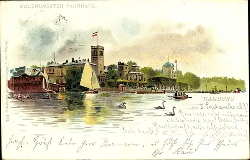 Litho Hamburg Nord Uhlenhorst, Uhlenhorster Fährhaus, Ruderer