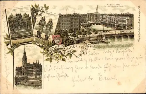 Litho Hamburg, Neues Rathaus, Kriegerdenkmal, Helgoländer, Alsterarkaden, Reesendammbrücke