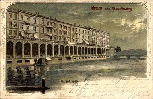 Mondschein Litho Hamburg Mitte Neustadt, Alsterarkaden