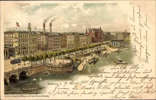 Litho Hamburg Mitte Neustadt, alter Jungfernstieg, nach Renovierung, Schiffe