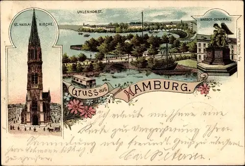 Litho Hamburg Nord Uhlenhorst, Krieger-Denkmal, St. Nicolai-Kirche