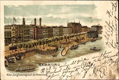 Litho Hamburg Mitte Neustadt, alter Jungfernstieg, nach Renovierung, Boote