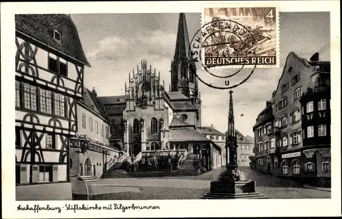 Ak Aschaffenburg in Unterfranken, Stiftskirche, Pilgerbrunnen