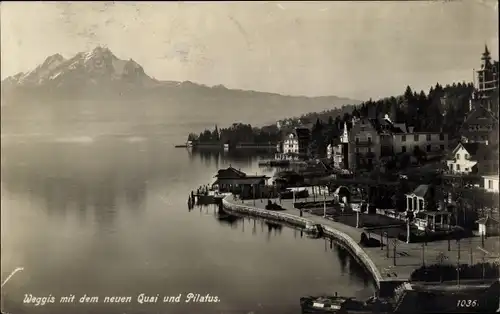 Ak Weggis Kanton Luzern, Teilansicht mit neuem Quai und Pilatus