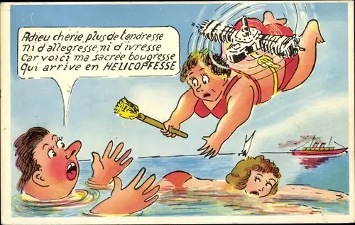 Ak Dicke Frau springt ins Wasser, Helicopfesse