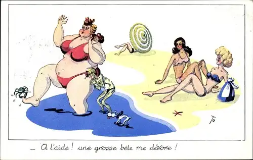 Künstler Ak Dicke Frau im Bikini, dünner Mann