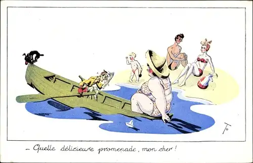Künstler Ak Quelle delicieuse promenade, dicke Frau und dünner Mann im Ruderboot