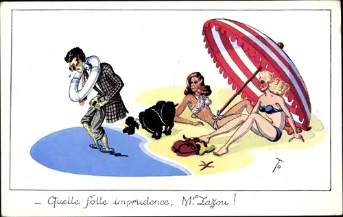 Künstler Ak Mann im Anzug am Strand, Rettungsring