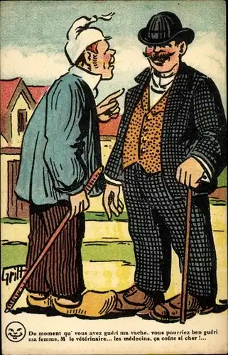 Künstler Ak Griff, Bauer, Mann mit Gehstock, Gespräch, Du moment qu' vous avez gueri ma vache...