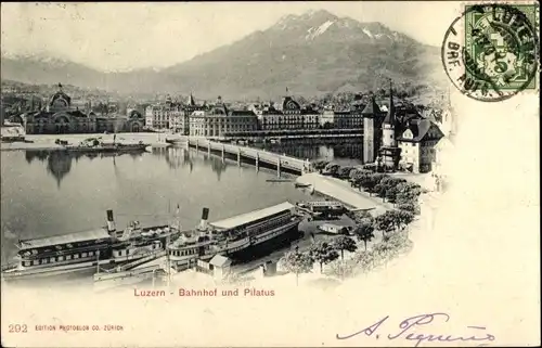 Ak Luzern Stadt Schweiz, Bahnhof und Pilatus, Dampfer am Anleger
