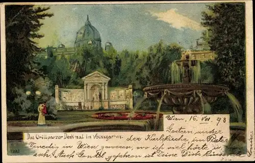 Litho Wien 1 Innere Stadt, Grillparzer Denkmal im Volksgarten