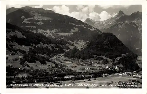 Ak Tschagguns in Vorarlberg, Panoramablick, Montafon, gegen Zimba und Golmerjoch