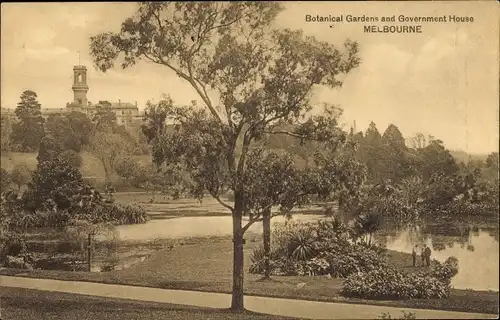 Ak Melbourne Australien, Regierungsgebäude und Botanischer Garten
