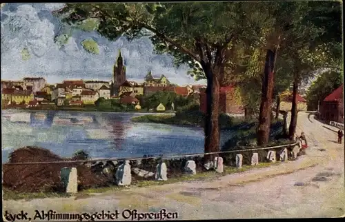 Künstler Ak Ełk Lyck Masuren Ostpreußen, Abstimmungsgebiet, Wasserpartie mit Blick zur Stadt
