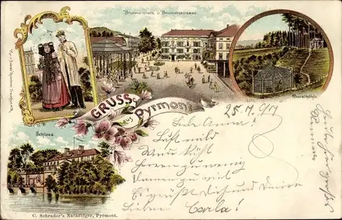 Litho Bad Pyrmont in Niedersachsen, Schloss, Brunnenplatz, Brunnenstraße, Trachtenpaar, Höhle