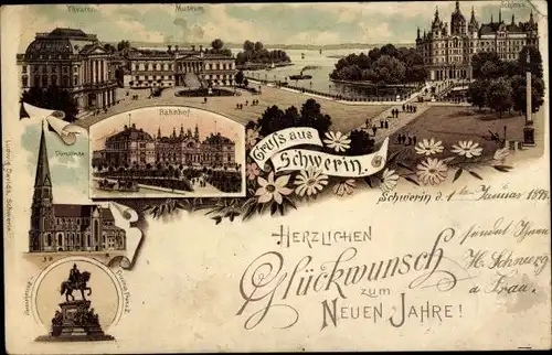 Litho Schwerin in Mecklenburg, Theater, Museum, Domkirche, Bahnhof, Schloss, Denkmal