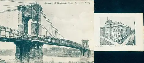 Leporello Ak Cincinnati Ohio USA, Hängebrücke, Gerichtsgebäude, Kunstmuseum, Zoogärten