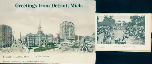 Leporello Ak Detroit Michigan USA, City Hall-Square, Bandkonzert, Belle Isle