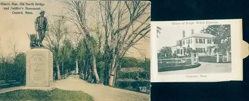 Leporello Ak Concord Massachusetts USA, Minute Man. Old-North-Brücke und Soldatendenkmal