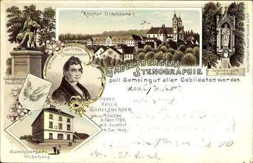 Litho Ottobeuren Unterallgäu, Franz Xaver Gabelsberger, Stenografie, Grabmal, Wohnhaus, Kloster