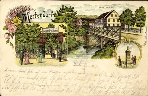 Litho Mertendorf im Burgenlandkreis, Gasthof Mertendorf, Heydenreichs Garten, Kriegerdenkmal