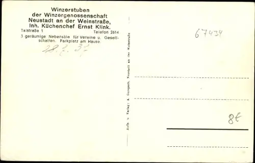 Ak Neustadt an der Weinstraße, Winzerstuben der Winzergenossenschaft, Talstraße 1