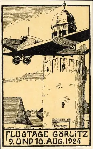 Künstler Ak Krafft, E., Görlitz in der Lausitz, Flugtage 9-10. August 1924, Flugzeug