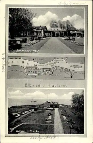 Ak Elbinsel Krautsand, Buhrfeind's Hotel, Garten und Brücke, Landkarte