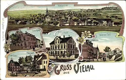 Litho Vielau Reinsdorf Sachsen, Gesamtansicht, Erbschänke, Café Franz, Pfarramt, Haus P. Zschoch