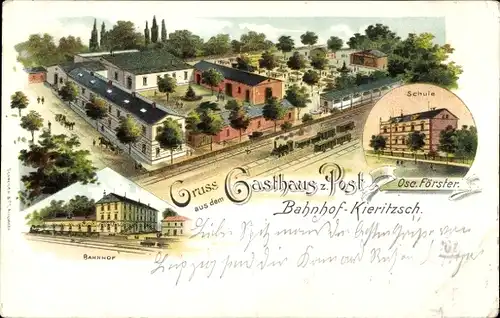 Litho Kieritzsch Neukieritzsch in Sachsen, Gasthaus zur Post, Bahnhof, Schule