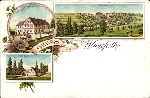 Litho Wüstfalke Kleinfalke Falka Gera Thüringen, Gesamtansicht, Gasthaus z. frohen Morgen, Rittergut