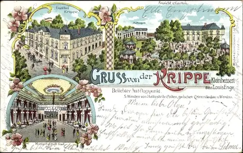 Litho Kleinhessen Neukirchen an der Pleiße, Gasthof Krippe, Saal, Garten