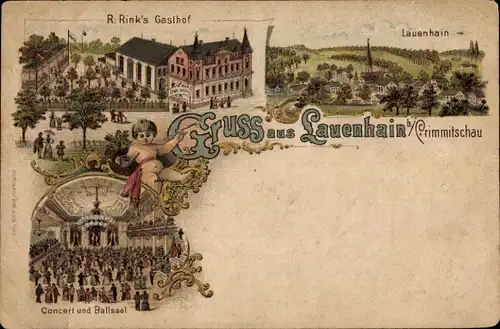 Litho Lauenhain Crimmitschau in Sachsen, Gesamtansicht, Gasthof R. Rink, Saal